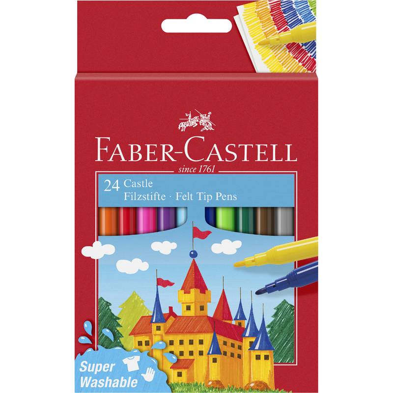 Faber-Castell 24 Castle Fasermaler in einer Packung mit bunten Stiftspitzen und einer Burgillustration auf der Vorderseite.