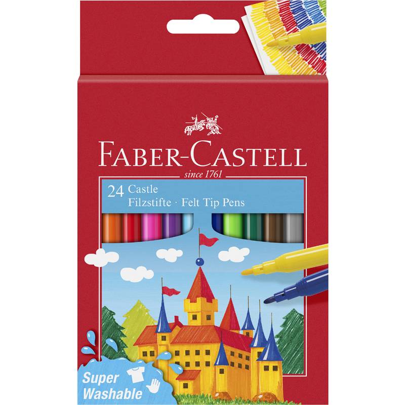 Eine rote Schachtel mit Faber-Castell Filzstiften, die eine farbenfroh gezeichnete Burg zeigt und mit '24 Castle Filzstifte' beschriftet ist.
