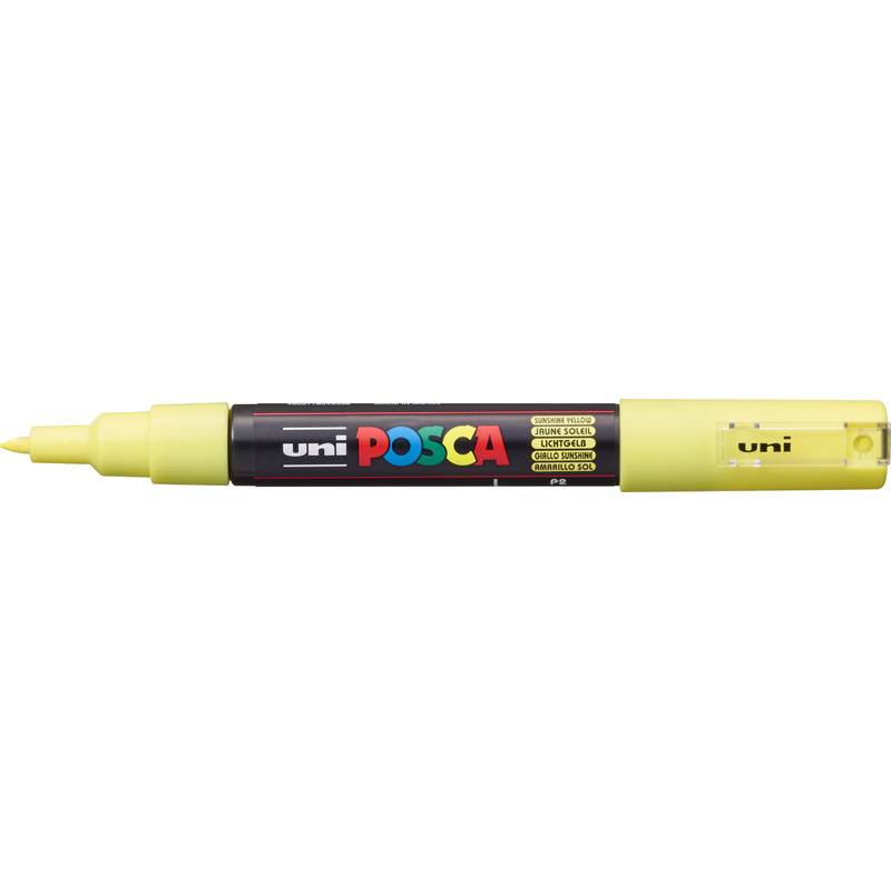 Ein gelber Uni Posca Lackmarker mit einem schwarzen Etikett, der verschiedene Spitzengrößen und -typen zeigt.