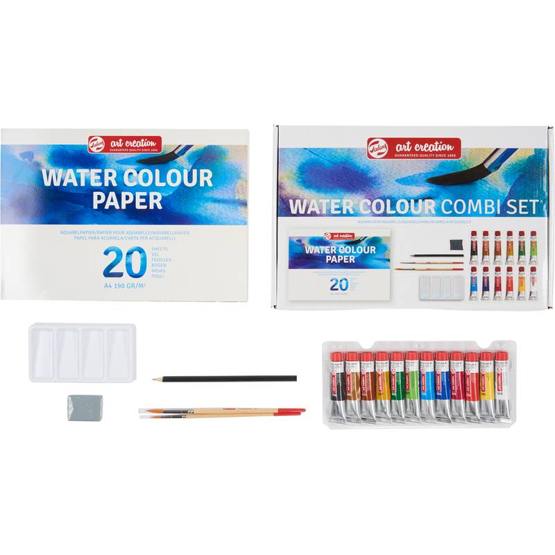 Aquarell-Malset mit Etikett 'Water Colour Combi Set'. Enthält 12 Farbtuben, Pinsel, Palette und Aquarellpapierblock.