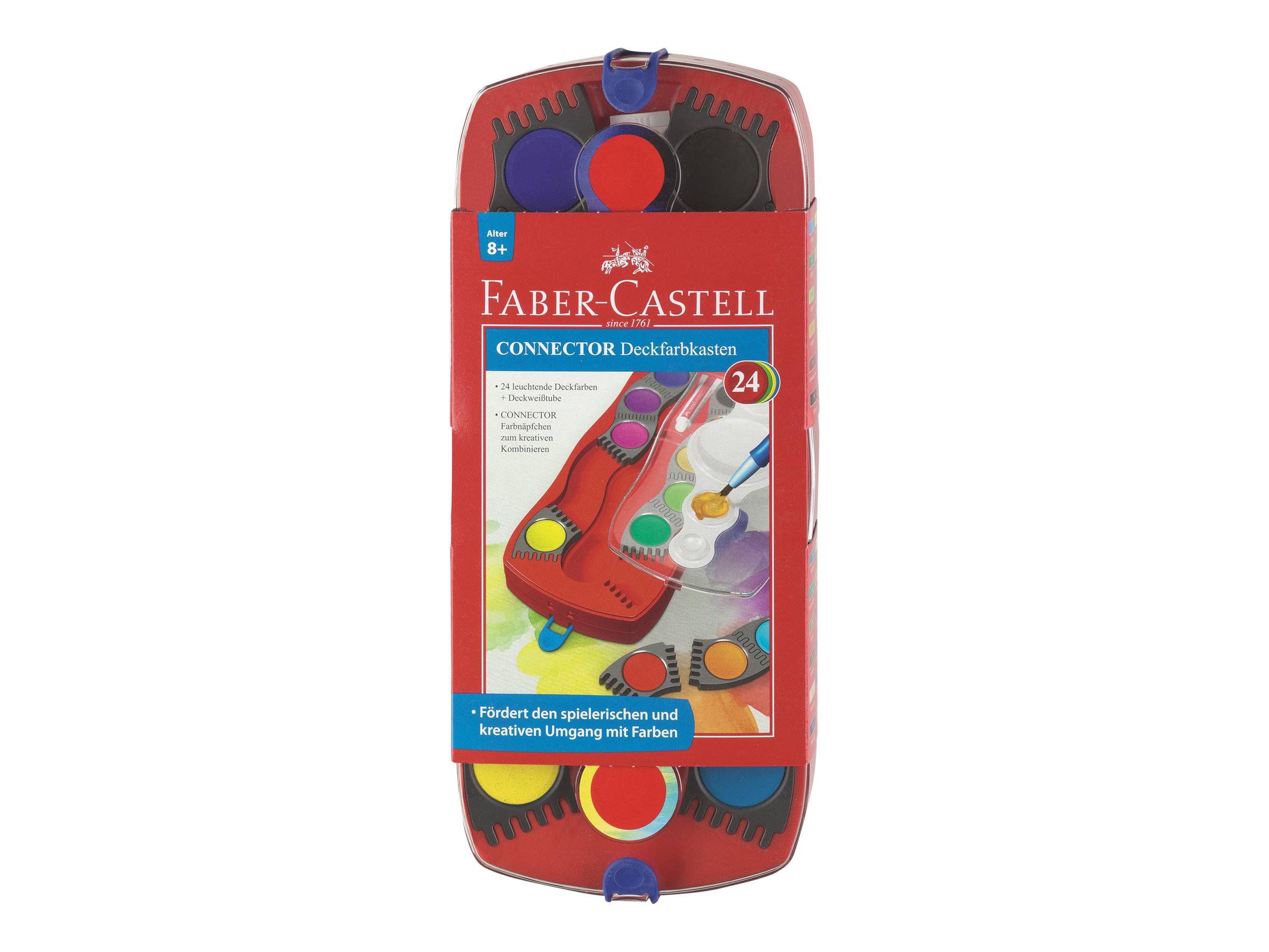 Faber-Castell Connector Malset in rotem Koffer, mit den Aufschriften '24' und '8+', mit sichtbaren Farbdosen im Inneren.