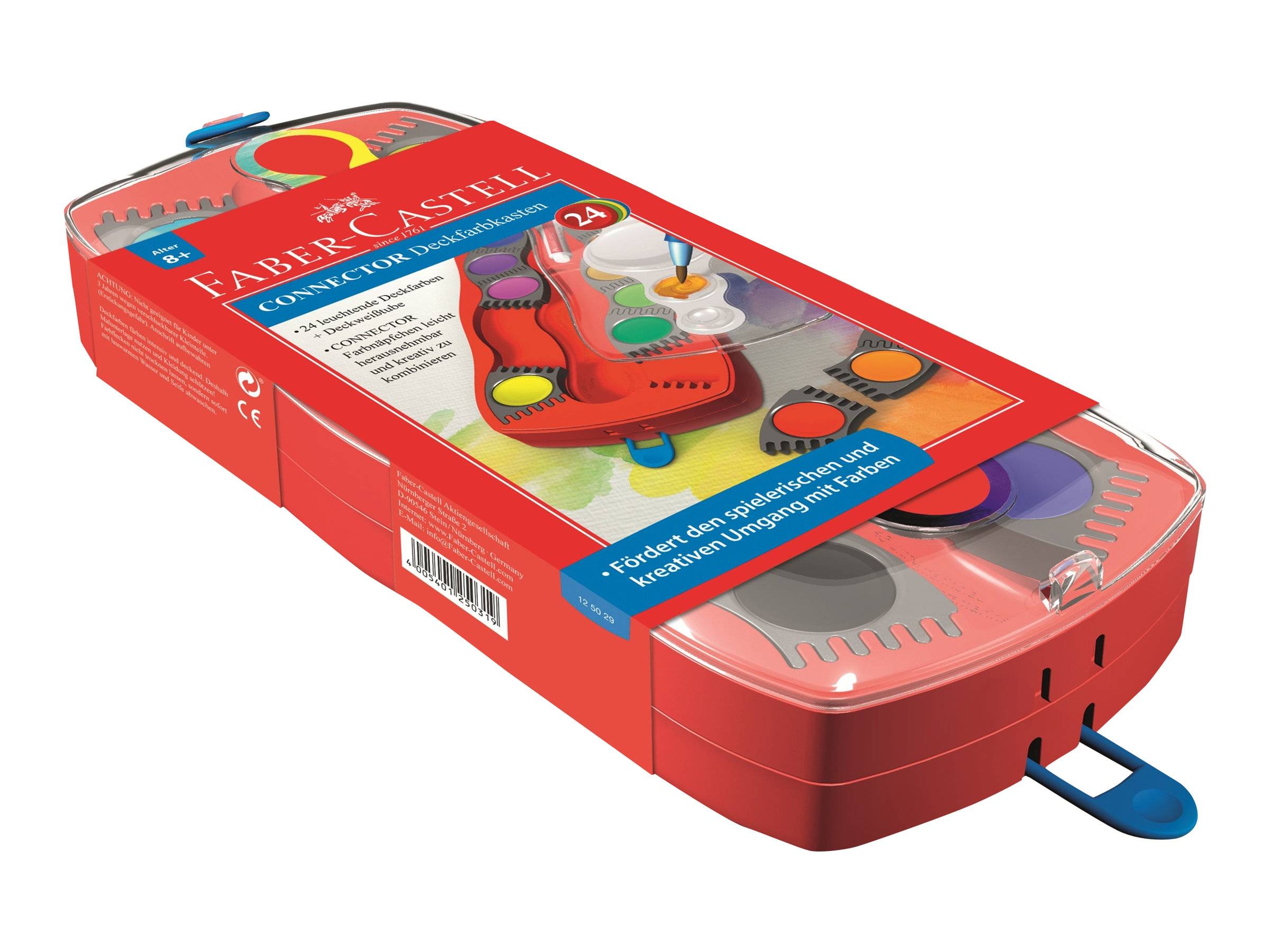 Roter Faber-Castell Connector-Set in einer Kunststoff-Transporttasche, geschlossen dargestellt, mit sichtbaren farbigen Komponenten und Farben im Inneren.