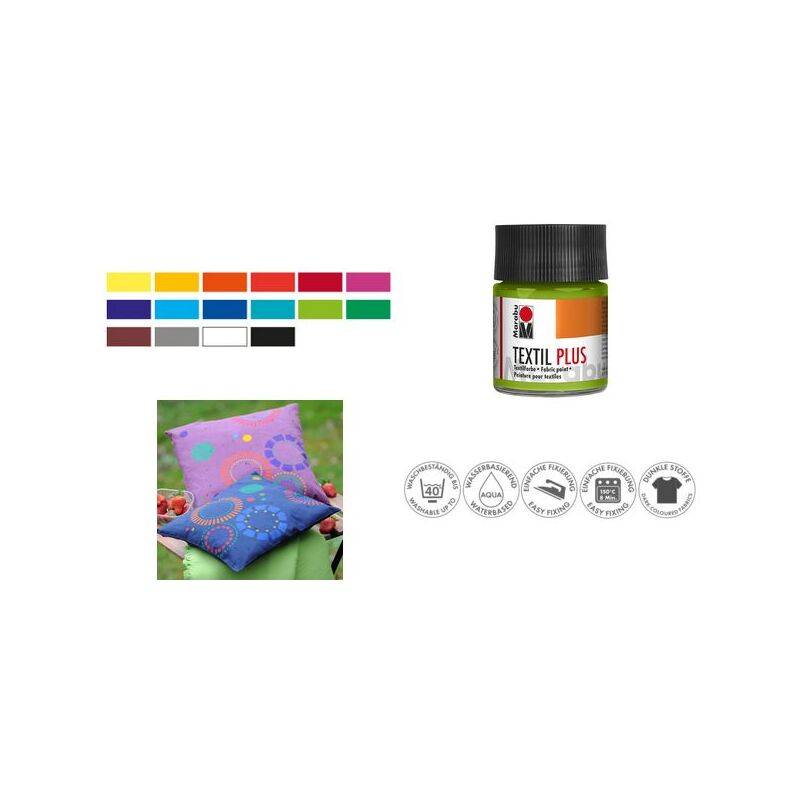Stoffmalfarben-Set mit mehreren Farboptionen, einer 'Textil Plus' Farbflasche und Pflegesymbolen für Textilien, das die Eignung der Farbe demonstriert.