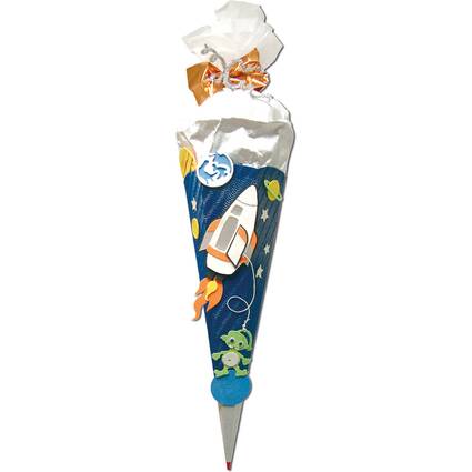 Ein kegelförmiger Schulranzen, der mit weltraumthematischen Elementen geschmückt ist, darunter eine Rakete, Planeten und ein Alien auf blauem Hintergrund.
