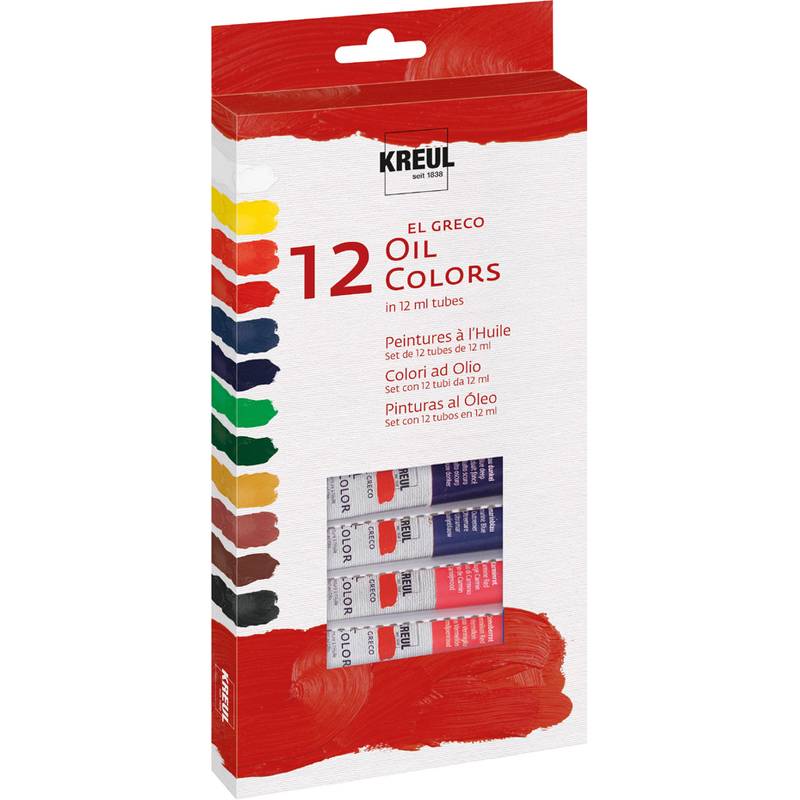 Eine Schachtel mit 12 Kreul El Greco Ölfarben, jede in einer 12-ml-Tube. Die Tuben werden in einem durchsichtigen Vorderteil präsentiert, das verschiedene Farben zeigt.