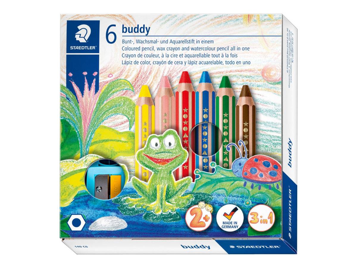 STAEDTLER buddy 3 in 1 - Wasserfarbstift - Wachs - für Glas, Pappe - Rot, Blau, Grün, Gelb, Van Dyke Brown, hautfarben (