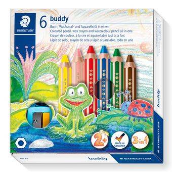 STAEDTLER buddy 3 in 1 - Wasserfarbstift - Wachs - für Glas, Pappe - Rot, Blau, Grün, Gelb, Van Dyke Brown, hautfarben (