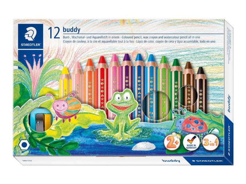 STAEDTLER buddy 3 in 1 - Wasserfarbstift - Wachs - für Glas, Pappe - gemischte Farben (Packung mit 12)