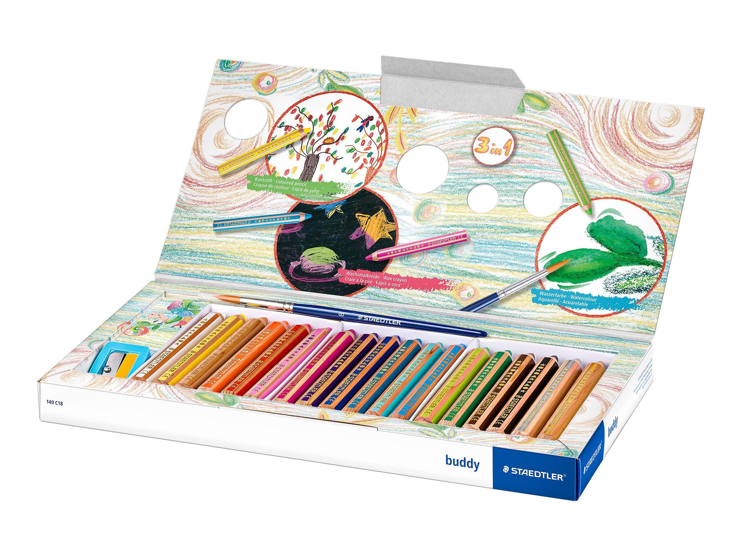 STAEDTLER buddy 3 in 1 - Farbstift - Wachs - für Glas, Pappe - gemischte Farben - 9.5 mm (Packung mit 18)