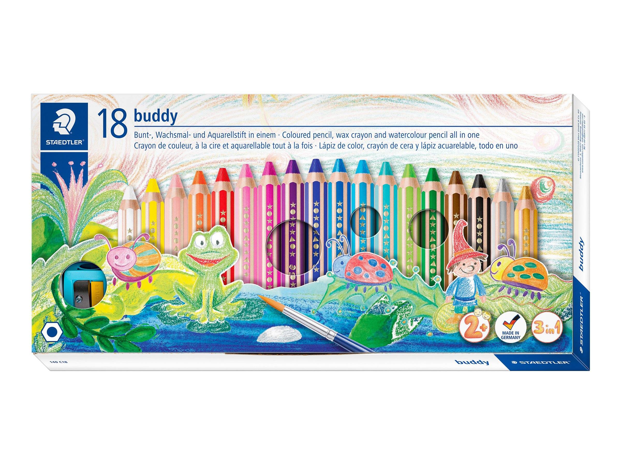 STAEDTLER buddy 3 in 1 - Farbstift - Wachs - für Glas, Pappe - gemischte Farben - 9.5 mm (Packung mit 18)