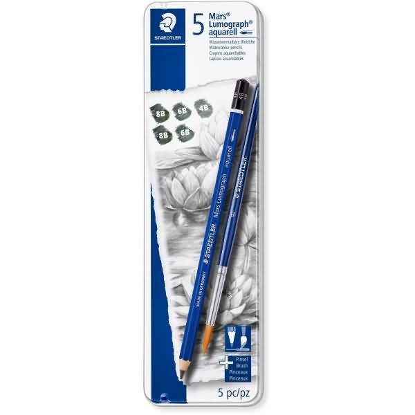 Aquarellstift Mars Lumograph 4B/6B/8B schwarz VE=5 Stück + Pinsel