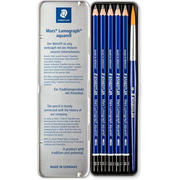 Aquarellstift Mars Lumograph 4B/6B/8B schwarz VE=5 Stück + Pinsel