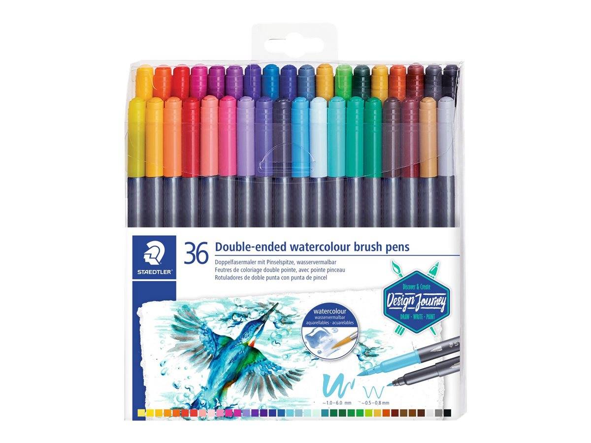 STAEDTLER Marsgraphic Duo - Pinselstift mit Doppelspitze - Wasserfarben, sortiert - 1-6 mm / 0.8 mm fein (Packung mit 36