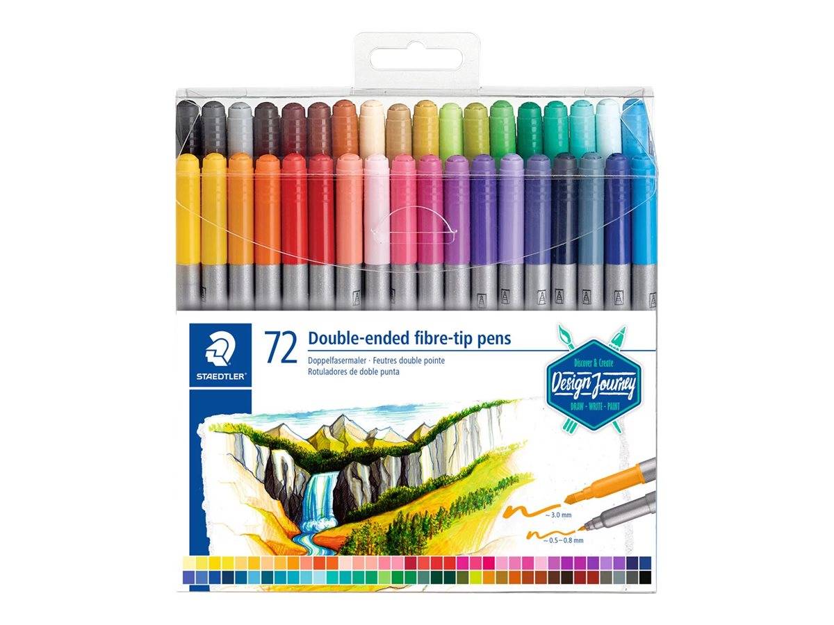 Packung mit 72 doppelseitig spitzen Filzstiften in einem transparenten Kunststoffetui, angeordnet in einem Regenbogenfarbspektrum mit „72
