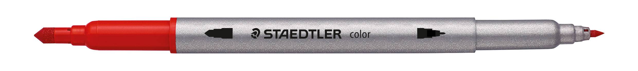Ein rot und silberner Staedtler-Markerstift, horizontal dargestellt, mit roter Kappe und Spitze, silbernem Schaft und dem auf dem Körper aufgedruckten Markennamen.