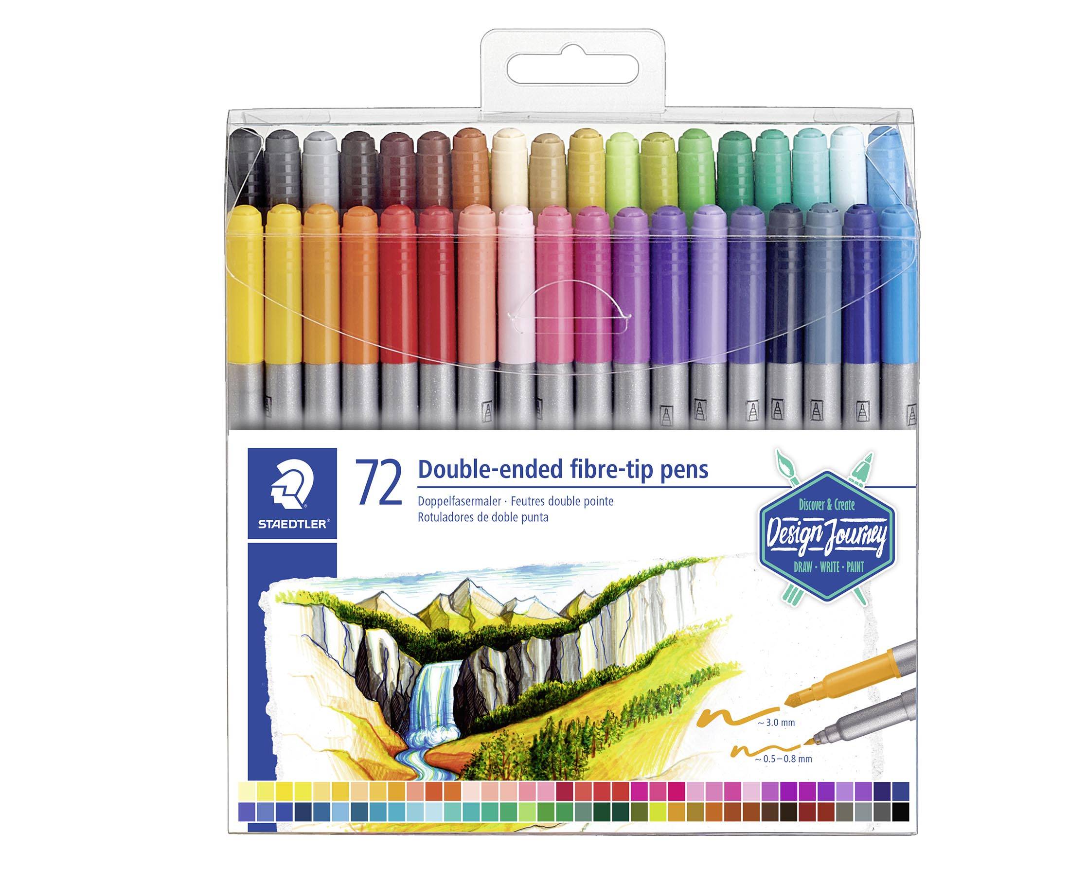Paket mit 72 doppelseitigen Faserstiften in assortierter Farbpalette, mit einer Zeichen­probe eines Bergs und Wasserfalls auf der Vorderseite.