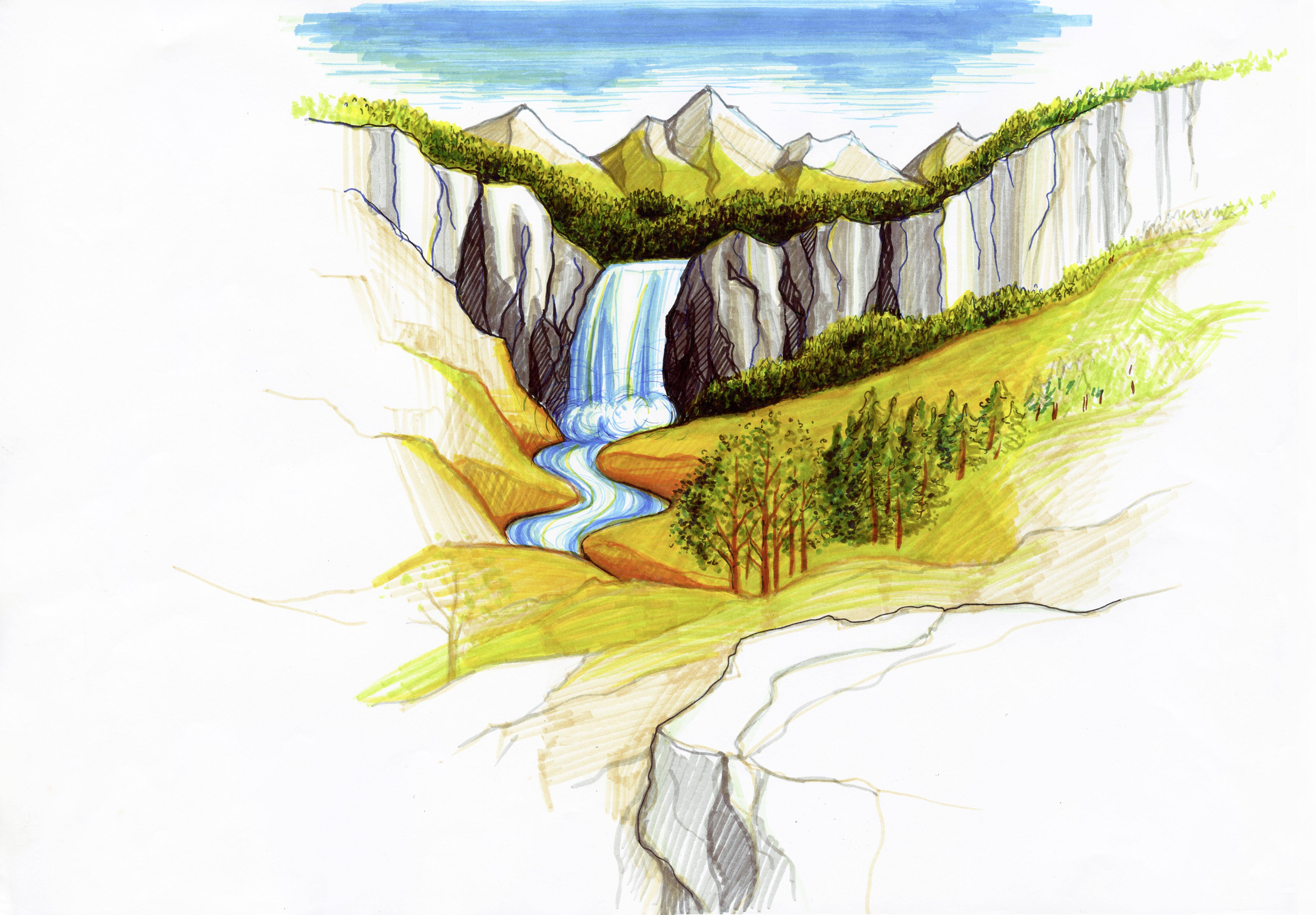 Illustrierte Landschaft eines Bergwasserfalls und sich schlängelnden Flusses in einem grünen Tal mit Klippen, Bäumen und schneebedeckten Gipfeln im Hintergrund.