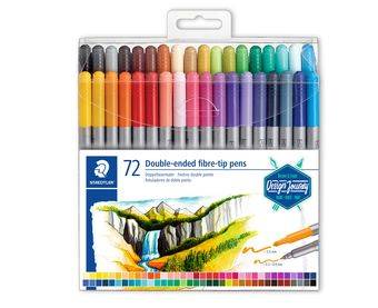 Eine Box mit 72 doppelseitig spitzbaren Faserstiftpen in Regenbogenfarben, mit einer Vorschauillustration und Etikett auf der Vorderseite.