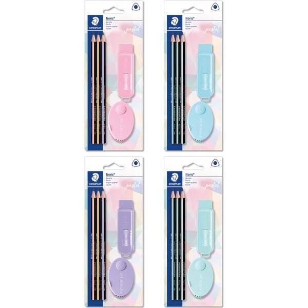 Vier Noris Bleistift- und Radiergummi-Sets in rosa, blauer, lila und mintfarbener Verpackung, dargestellt als Produktpalette.