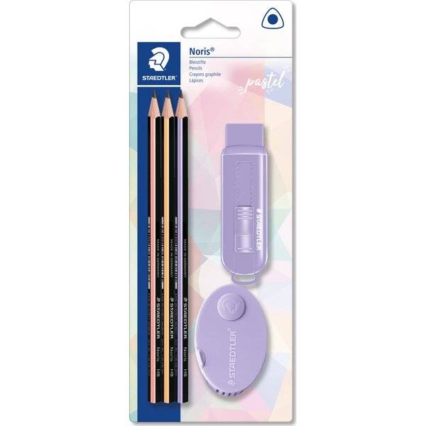 Staedtler Noris Pastellstiftset mit drei Graphitstiften, einem violetten Spitzer und Radiergummi in Einzelhandelsverpackung.