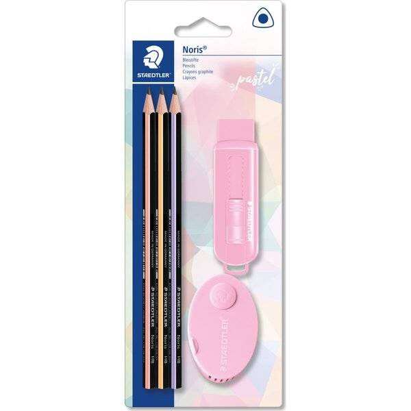 Packung mit STAEDTLER Noris Pastellstiften mit einem rosa Spitzer und Radierer auf einer Blisterpackung in Pastellfarben.