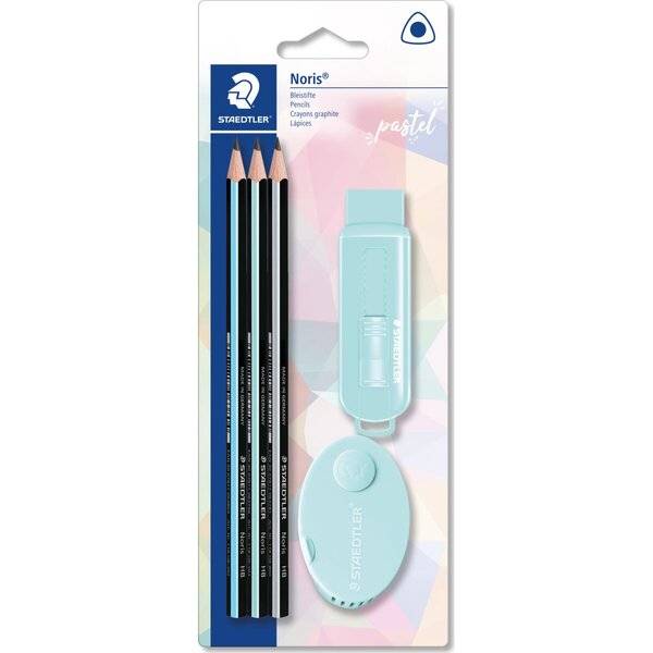 Staedtler Noris Pastellset mit drei Graphitstiften, einem türkisfarbenen Anspitzer und einem passenden Radiergummi in Einzelhandelsverpackung.
