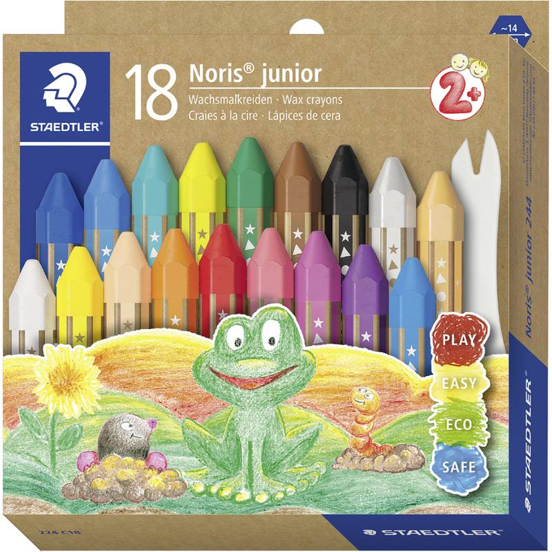 Schachtel mit 18 Staedtler Noris Junior Wachsmalstiften, ab 2 Jahren, gezeigt mit bunten Malstiften und einer kindgerechten Froschzeichnung auf der Verpackung.