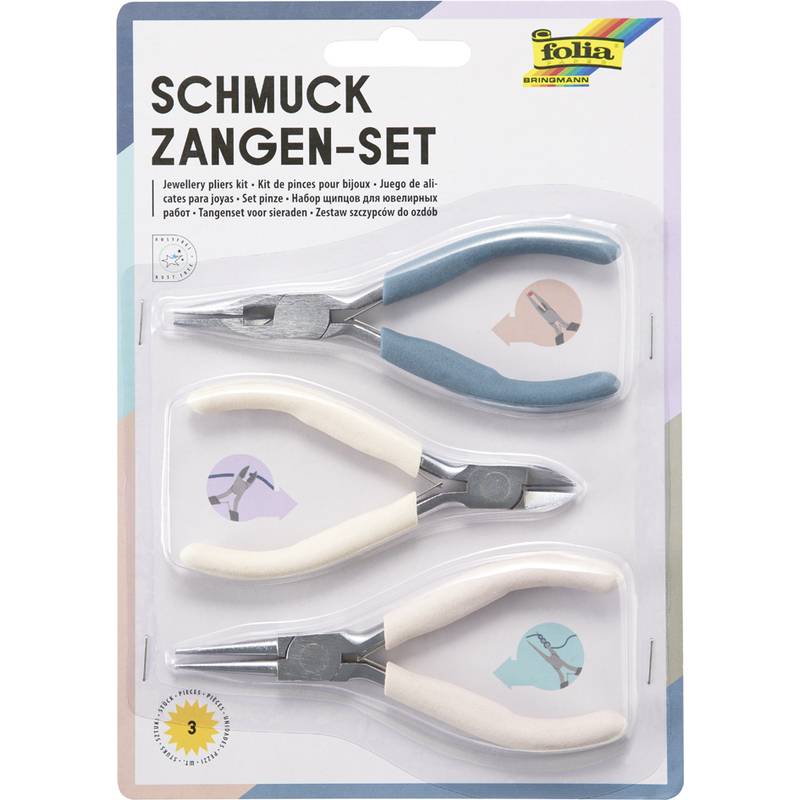 Verpackter Schmuckzangensatz mit drei Werkzeugen auf einer Einzelhandelskarte, gekennzeichnet mit „SCHMUCK ZANGEN-SET