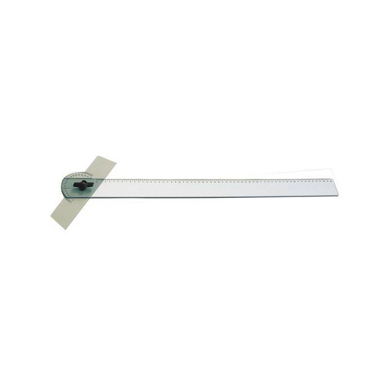 Transparenter Zeichenlineal mit einem Winkelmesser an einem Ende, versehen mit Maßeinteilungen.