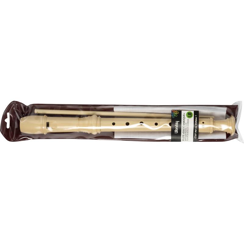Ein beige Sopranblockflöte in transparenter Verpackung mit einem Etikett, das sie als Anfängerinstrument ausweist. Die Blockflöte hat ein traditionelles Design mit Grifflöchern.
