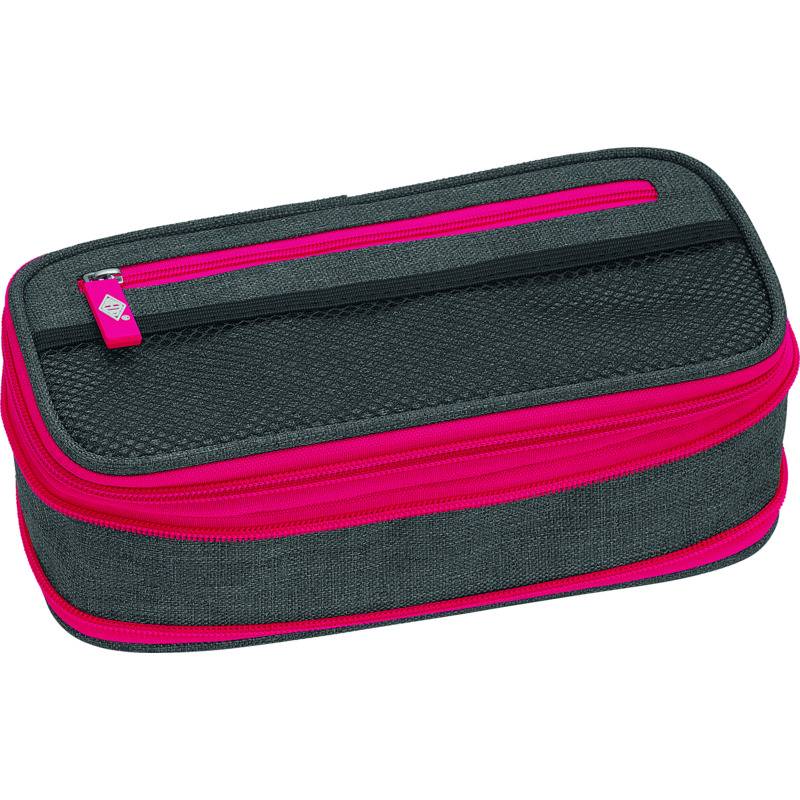 Grauer Federmäppchen mit Reißverschluss, leuchtend rosa Besatz und obere Tasche, vor weißem Hintergrund abgebildet.
