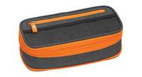 Schwarze und orange Federmäppchen oder Aufbewahrungstasche mit hartem Kunststoffgehäuse und oberem Reißverschluss.