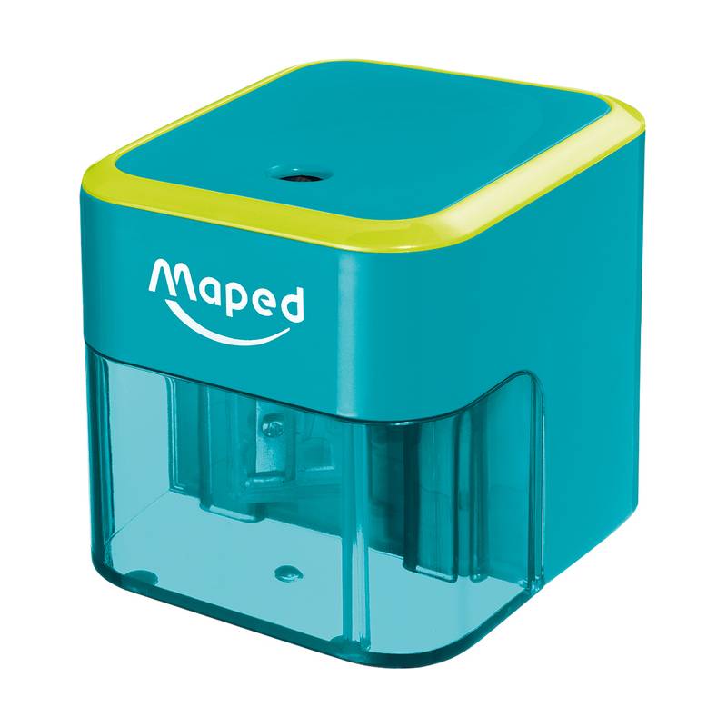 Ein türkis-grüner und lindgrüner elektrischer Bleistiftspitzer mit einem transparenten Abfallbehälter wird vor einem weißen Hintergrund gezeigt, mit der Markenbezeichnung 'Maped'.