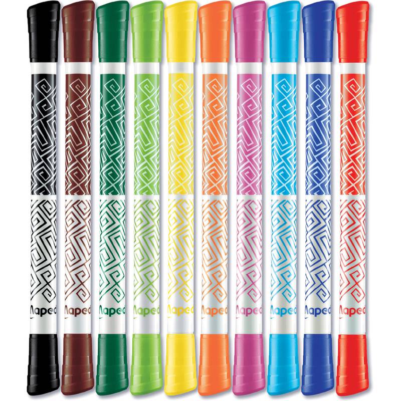 Ein Set von 12 doppelseitigen Markern, die jeweils mit einer Kappe in einer anderen Farbe und einem einzigartigen Muster auf dem Gehäuse versehen sind, in einer Reihe angeordnet.