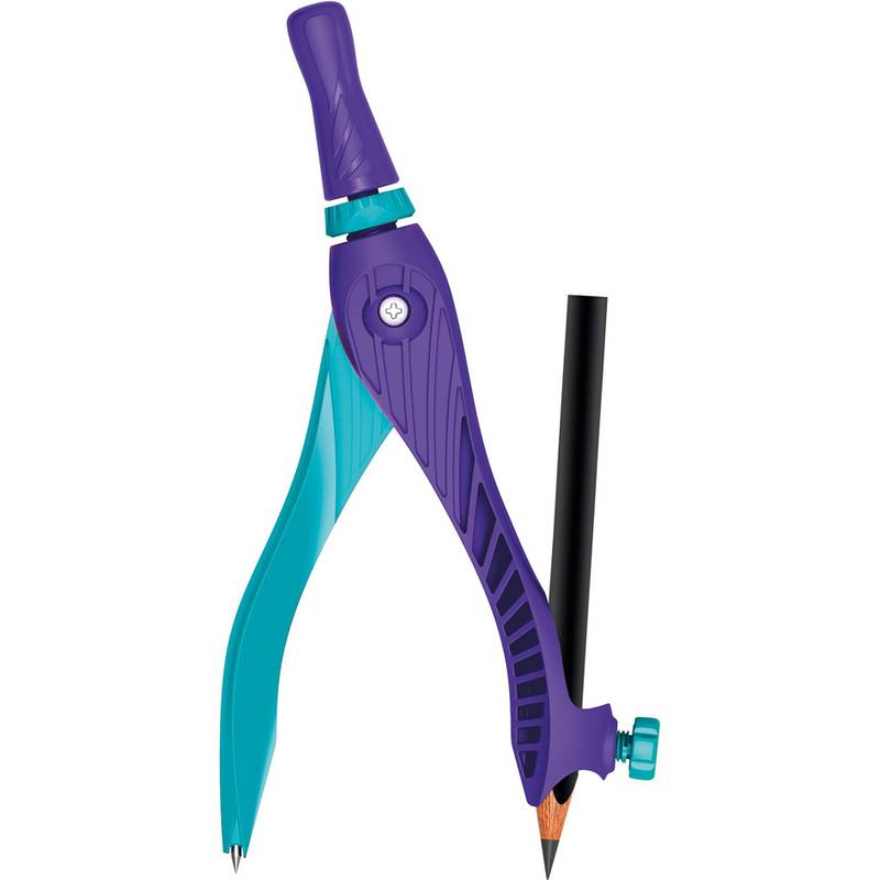 Ein lila und türkisfarbener Geometriezirkel, der einen Bleistift hält, der zum Zeichnen von Kreisen und Bögen verwendet wird.