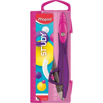 Ein rosa-lila Kompassset der Marke 'Maped Study' in einer transparenten, rechteckigen Verpackung mit einer Linealkante.
