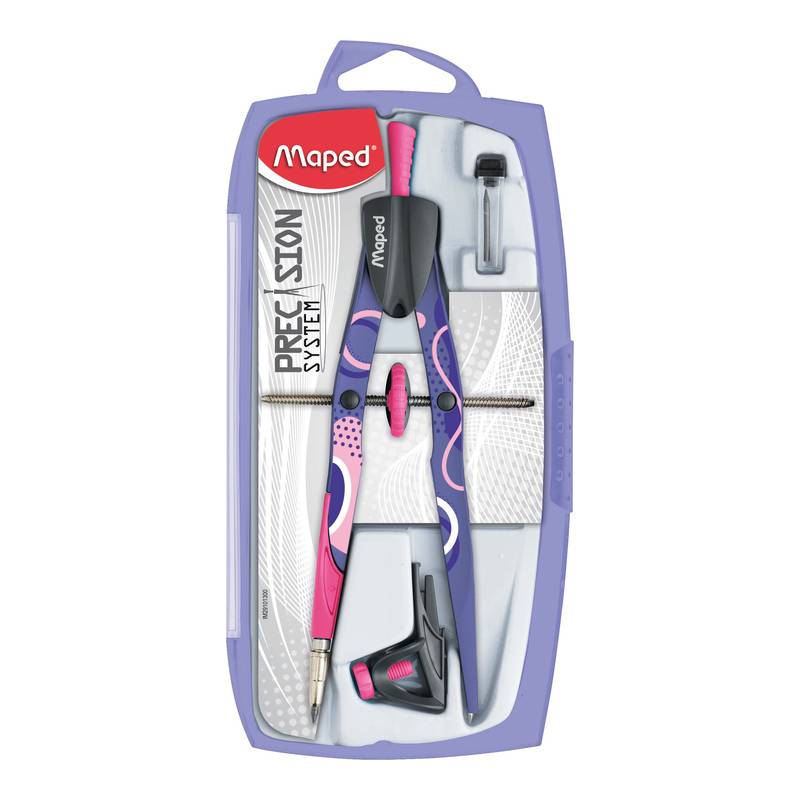 Mathematischer Zirkel in einem Plastiketui mit der Aufschrift 'Maped Precision System', enthält Zirkel, Bleistift und Zubehör, konzipiert für präzises Zeichnen.