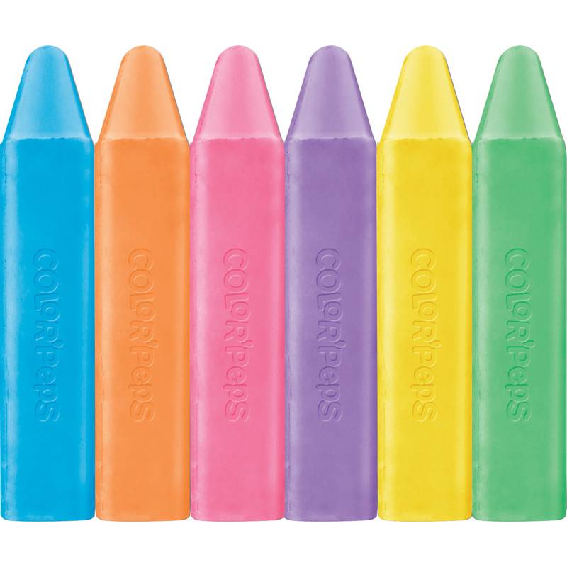 Sechs bunte Jumbo-Wachsmalkreiden in Blau, Orange, Pink, Violett, Gelb und Grün sind vertikal auf einem weißen Hintergrund ausgerichtet.