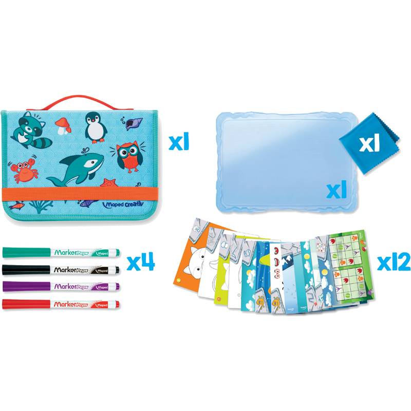 Ein Kinder-Aktivitätsset enthält eine bunte Tragetasche, eine blaue Zeichentafel, ein Reinigungstuch, vier Marker und zwölf Aktivitätskarten.