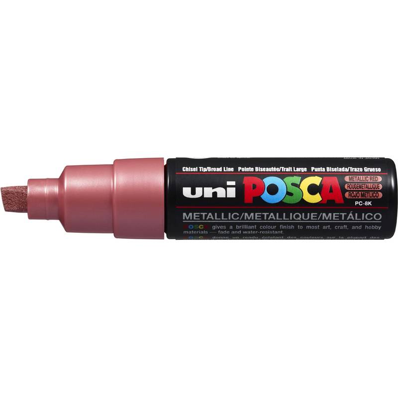 Ein metallisch roter Uni Posca Paintmarker mit abgenommenem Deckel, beschriftet mit ‚Metallic/Metallique/Metálico', entwickelt für Kunst- und Bastelzwecke.