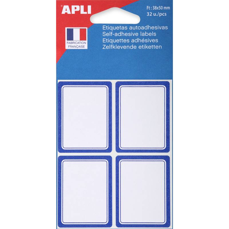 APLI Selbstklebende Etiketten', 32 pro Pack, 38x50mm. Rechteckige Etiketten mit blauem Rand, dargestellt in einer Packung mit Produktdetails.