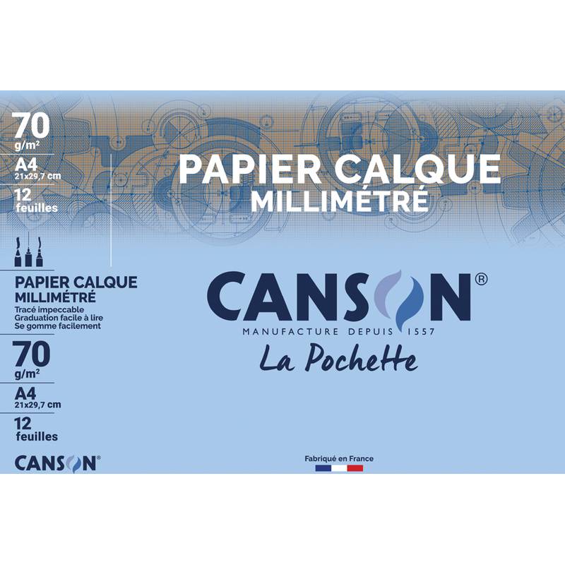 Canson 'Papier Calque Millimétré' A4 Transparentpapier-Packung, 70 g/m², 12 Blatt, blaues Cover mit Markenlogo und französischem Text.