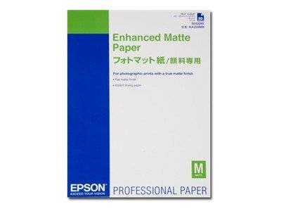 EPSON Enhanced Matte Paper Packung für professionellen Fotodruck, mit blauem und grünem Umschlag und „Professional Paper