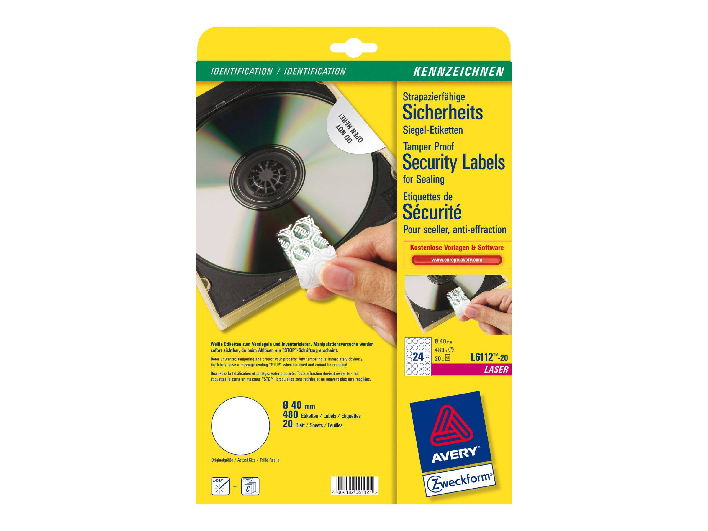 AVERY ZWECKFORM - Avery Heavy Duty Laser Labels - Polymer - weiß - 40 mm rund 480 Stck. (20 Bogen x 24)