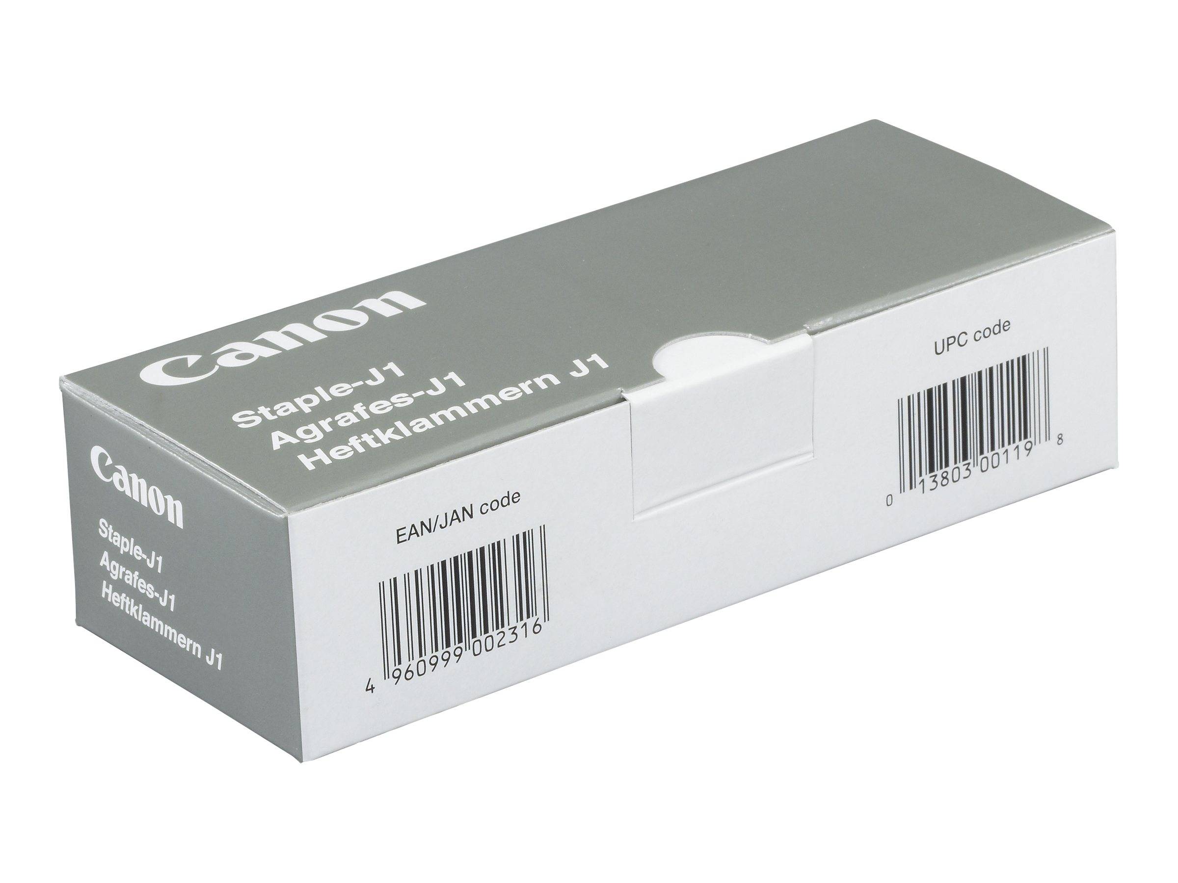 Kasten Canon Staple-J1 mit EAN/JAN- und UPC-Barcode-Etiketten auf einer grau-weißen Verpackung.