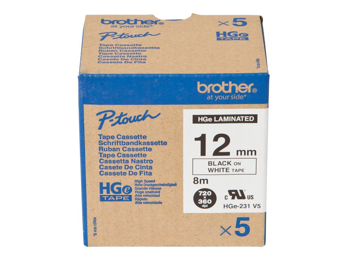 Brother P-touch HGe laminierte Bandkassetten-Packung, 12 mm schwarz auf weiß, je 8 m, Fünferpack.