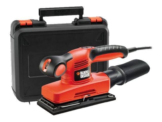 Ein orangefarbener Black & Decker Elektro-Schleifer steht vor einem schwarzen Transportkoffer.