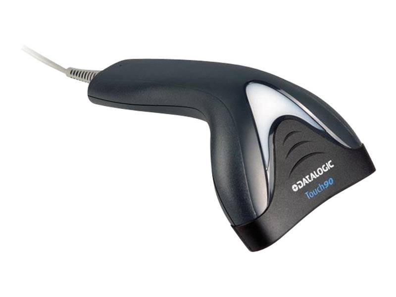 Tragbarer Barcode-Scanner mit schwarzem Datalogic Touch 90-Gehäuse und angeschlossenem Kabel auf weißem Hintergrund