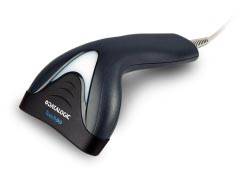Schwarzer tragbarer Barcode-Scanner mit Kabel, dargestellt auf weißem Hintergrund.