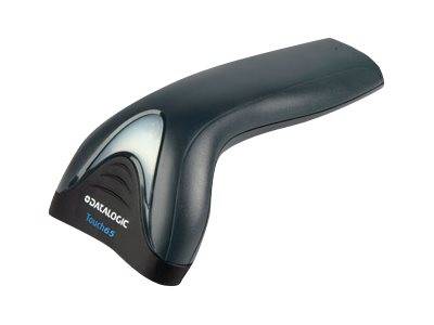 Schwarzer tragbarer Barcodescanner mit Datalogic Touch 65-Etikett auf weißem Hintergrund.